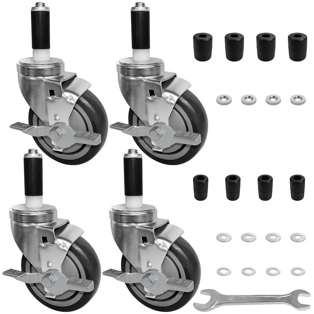 MySit 4 Inch Expanding Stem Casters Set of 4, Heavy Duty Caster Wheels with Side Brake, Fit 7/8", 1", 1-1/8", 1-1/4", 1-3/8" Stainless Steel Furniture Legs for Commercial Kitchen Prep Table