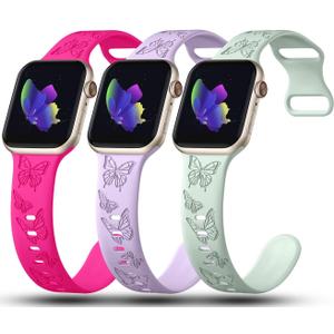 3 Pack Butterfly Engraved Bands Compatible with Apple Watch Band 38mm 40mm 41mm 42mm 44mm 45mm 46mm 49mm Women,Soft Silicone Animal Sport Strap for iWatch Bands Series 10 9 8 7 6 5 4 3 2 1 SE Ultra