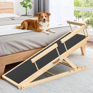 55.11" Adjustable Dog Ramp for Bed - Upgraded Wooden Pet Ramp with Non-Slip Silicone Surface and Side Rails, 6 Height Settings (19.68-27.55"), Holds Up to 250lb, Pet Stairs for Senior & Large Dogs