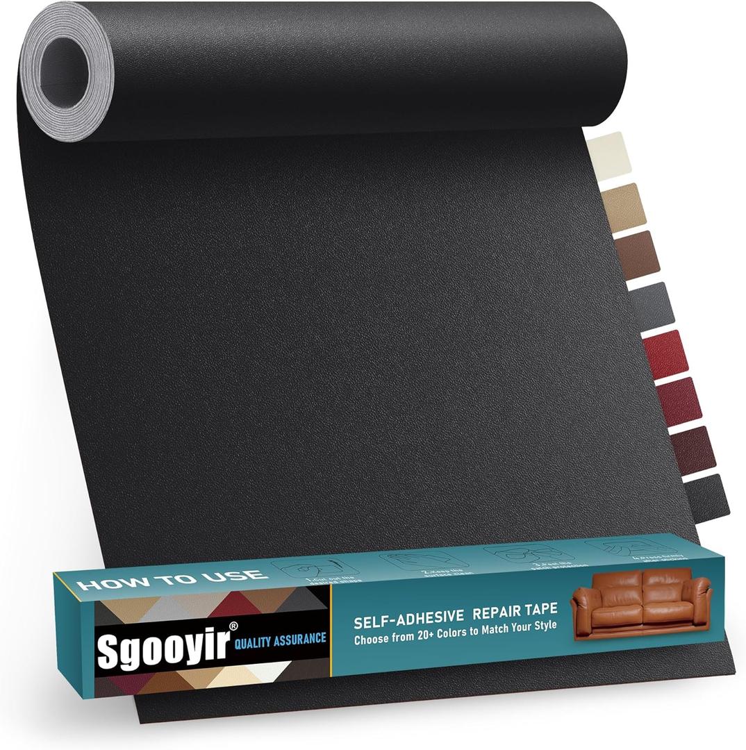 Leather Repair Patch Tape Kit, 16" x 30" Self Adhesive Leather Repair Patch for Furniture, Vinyl Leather Repair Kit for Car Seat, Chairs, Couch, Sofa, Boat Smooth Black