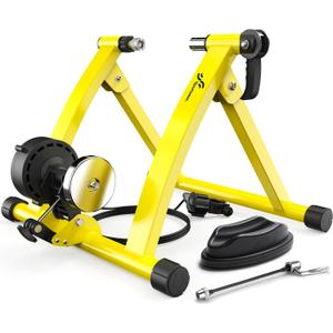 Sportneer Bike Trainer - Magnetic Stationary Bike Stand for 26-28" & 700C Wheels - Adjustable 6 Level Resistance Bike Trainer Stand for Indoor Riding with Quick Release Lever & Front Wheel Riser Block (Yellow)