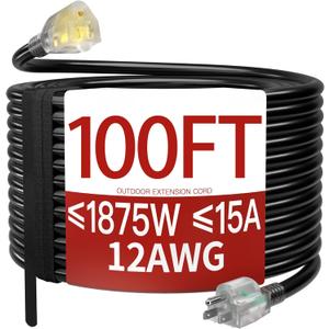 100 FT 12 Gauge Extension Cord Outdoor, Heavy Duty Weatherproof & Flame Retardant Black 3 Prong Power Cord with Light, Outside for Lawn & Garden, 15 Amps 1875 Watts 125 VAC 12AWG SJTW, ETL Listed