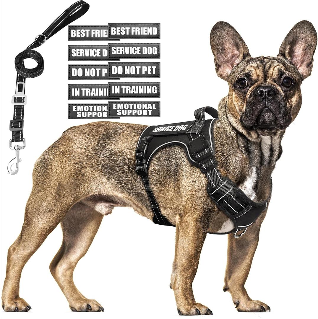 Tactical Dog Harness and Leash Set Medium Sized Dog,Heavy Duty No Pull Service Dog Vest and 10 Patches with Dog Seat Belt,Reflective Adjustable Pet Harness for Training Walking Hiking Black, M