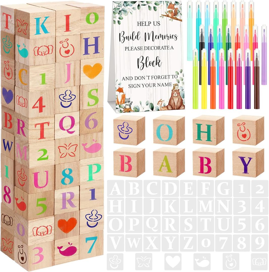 147 Pcs Baby Shower Blocks Games Sets, 80 DIY Blank Wooden Block 42 Stencils 24 Watercolor Marker 1 Decorate a Block Game Sign for Gender Reveal Baby Shower Party Supplies(Forest Animal)