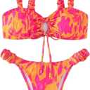 Falainetee Women's Floral Print Bathing Suit Ruffle Trim Tie Back Swimsuit Bikini Set 2 Piece (Small, Red)