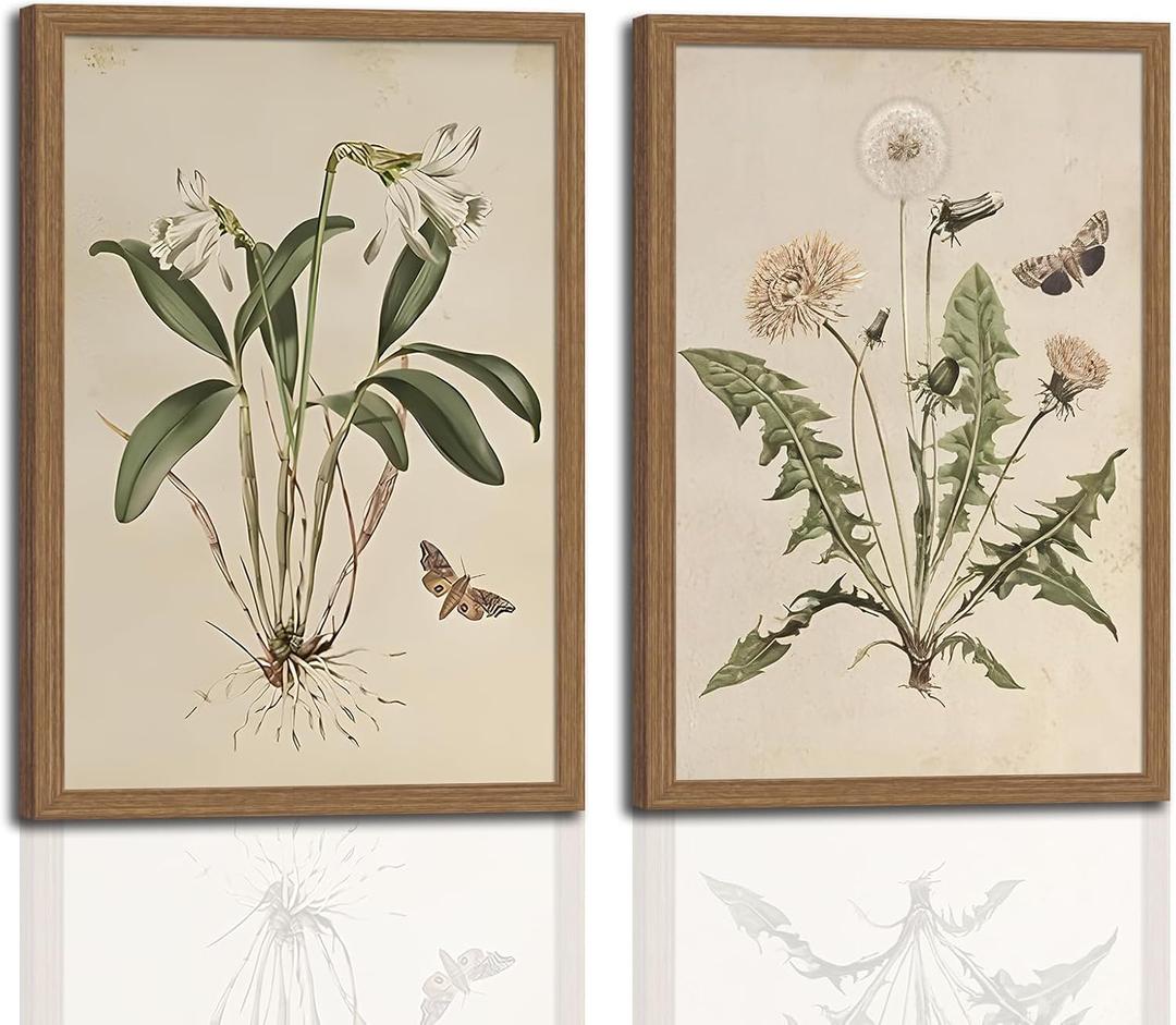 2ps Framed Botanical Wall Art Vintage Farmhouse Floral Canvas Painting Prints Artwork for Bathroom Walls Rustic Flower Butterfly Pictures for Kitchen Bedroom Hallway Home Decor 16x24in