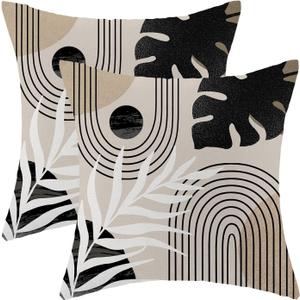 Boho Pillow Covers 18x18 Set of 2 Mid Century Black Beige Tropical Leaf Throw Pillow Covers Outdoor Decor Modern Abstract Line Decorative Pillowcase Farmhouse Linen Cushion Case For Couch Sofa