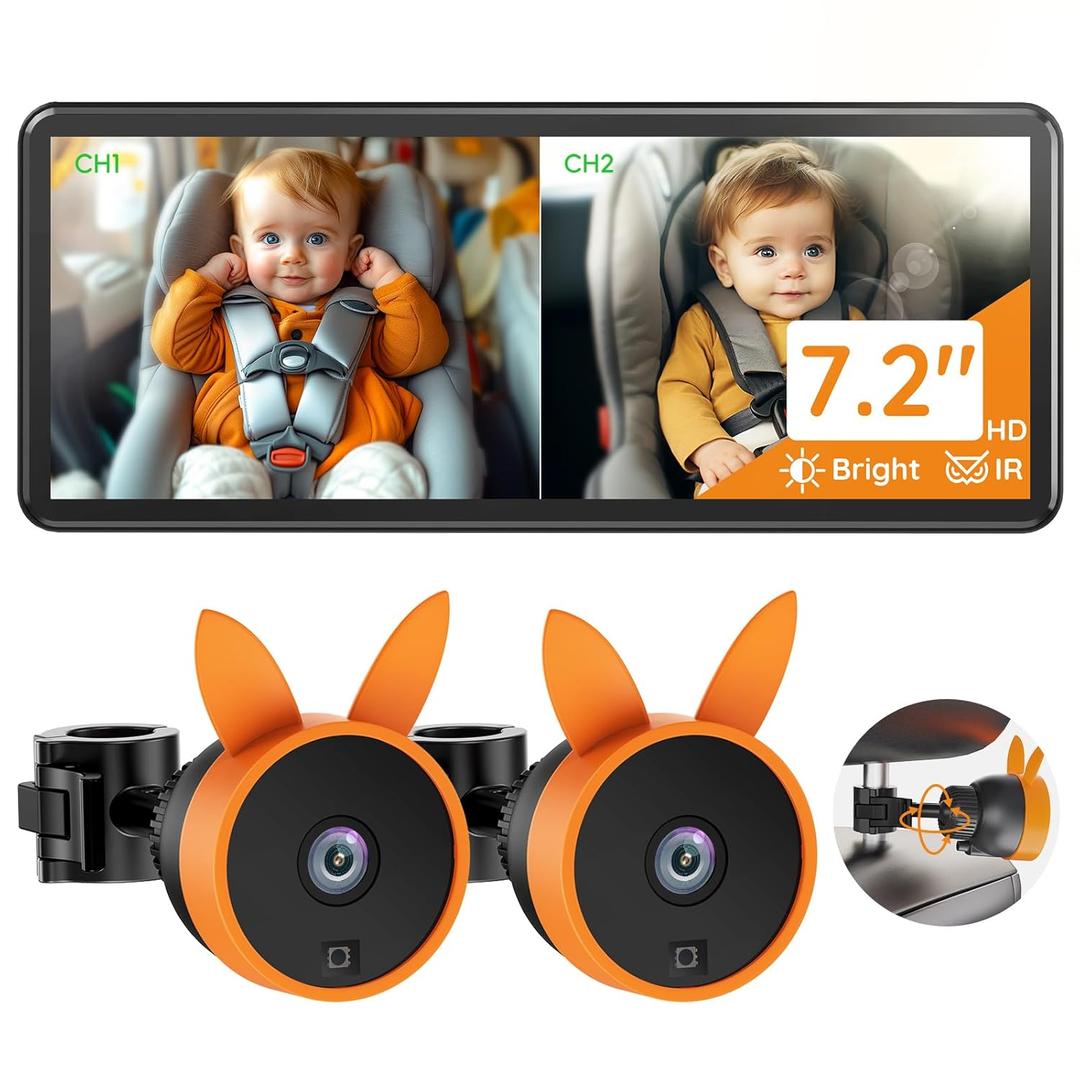 Babyvue BV3 PRO Dual Baby Car Camera  See 2 Kids Clearly with 7.2" HD Screen, 1080P Night Vision, 3-Level Brightness, Rear-Facing Monitor for SUV/Truck (Orange)