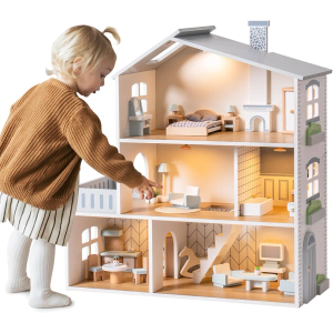 ROBOTIME Wooden Dollhouse, Wooden Doll House with 29 Pieces of Furniture, 6 Rooms Fits 4-6 Inch Dolls, Gift for Kids Ages 3+
