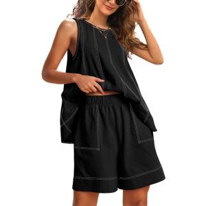 Gozoloma Womens 2 Piece Outfits Sleeveless Matching Sets A Line Tank Tops Contrast Stitching High Waist Shorts with Pockets