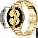 Watchband Wrist strap Compatible with 2022 Samsung Galaxy Watch 5 Pro 45mm Watch 5 40mm 44mm Stainless steel watch band strap with TPU Case (Gold)