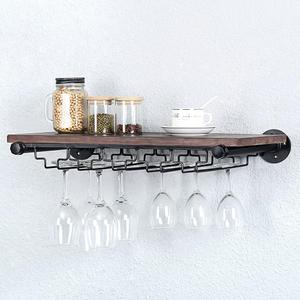 Industrial Wine Rack Wall Mounted with 5 Glass Holder,Wine Glass Rack Floating Wine Glass Shelf, 24 in Pipe Shelving Hanging Wood Shelves