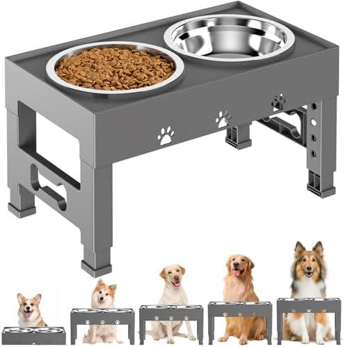 Elevated Dog Bowls with 2 Stainless Steel Bowls, 5-Height Adjustable Stand (3.1", 9" to 12"), for Improved Digestion & Neck Support, Easy Clean, Non-Slip Base Raised Feeder for Medium Large Dogs