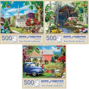 Bits and Pieces Value Set of Three Jigsaw Puzzles for Adults Alan Giana Designs 300 & 500 Piece (18" x 24") Puzzles Seasons, Nature, Church, Cabin, Barn, Sun, Birds (Three 500 Piece Puzzles)