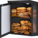 Furshus Corner Bread Box for Kitchen Countertop,Bread Storage for Homemade Bread, Double Layer Large Bamboo Kitchen Storage Bin with Window (Black, Medium)