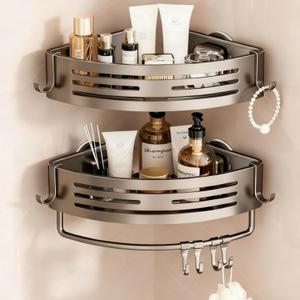 2Pcs Corner Shower Shelf Caddy Suction Cup, No Drill Hole with Towel Bar and Hook, Gray Bathroom Storage Rack, Zero Drill Triangle Shelves, Store Toiletries and Bath Towel for Bathroom Kitchen RV