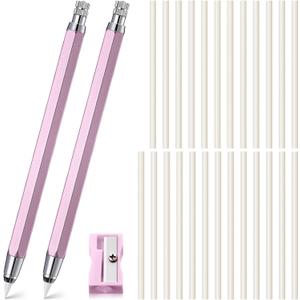 Motiskyy 28 Pcs Chalk Pencil Refillable Cartridge Set, Sewing Tailors Chalk and White Refill Tailors Pencil for Marking Fabric Quilting Embroidery DIY Crafts (Metal,Pink)