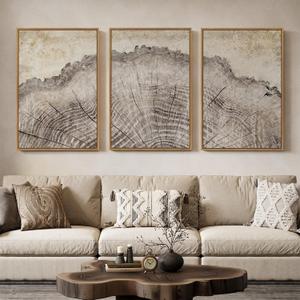 3 Piece Framed Neutral Tree Ring Canvas Wall Art for Living Room, Large Vintage Rustic Farmhouse Wood Stump Prints Paintings, Modern Nature Picture Artwork Decor for Bedroom Hallway Office 24x36 Inch (gray and beige)