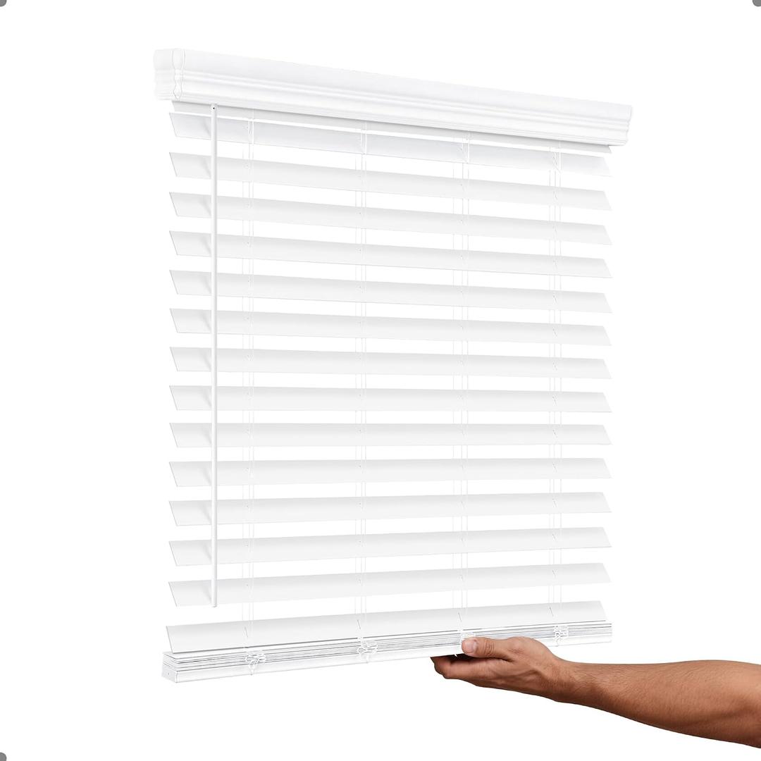 Cordless Faux Wood Blind - AOSKY 2 Inch Wood Blinds for Living Room, Pet Safe Window Shades for Bedroom & Bathroom, Easy to Install, White, 34" W x 60" H