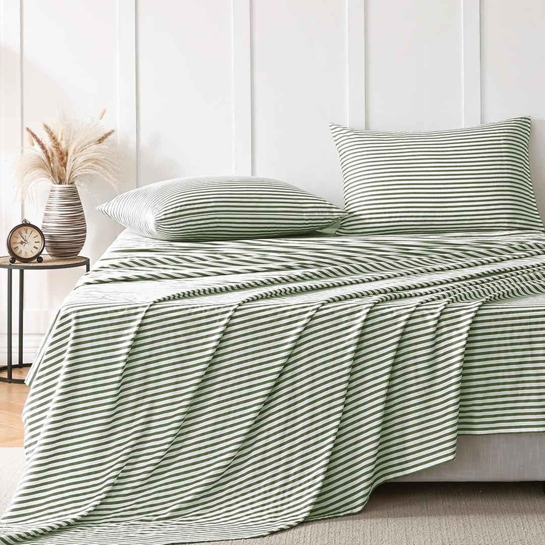 JELLYMONI Striped Sheets Set Queen, 3 Pieces 100% Cotton Bed Sheets - 16" Deep Pockets Fitted Flat Sheet & Pillowcase Bedding Set, Ultra-Soft, Machine Washable 100 x 90 Inch