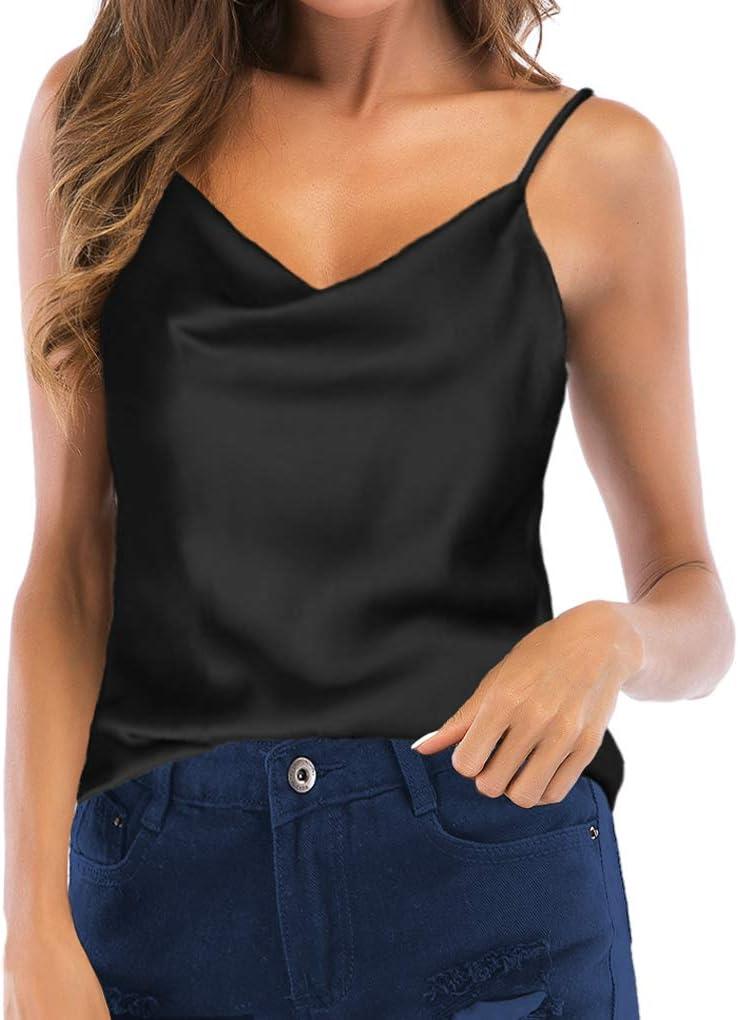 Women's Silk Satin Camisole Cowl Neck Tank Top Cami Silky Basic Tank Shirt Blouses (8-10, M, Black)