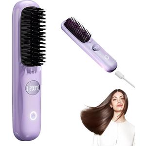 Cordless Hair Straightener Brush, Portable Straightener Brush for Travel with LED Temperature, Display Fast Heating Rechargeable Mini Hot Ionic Straightener Comb for Women (Purple)