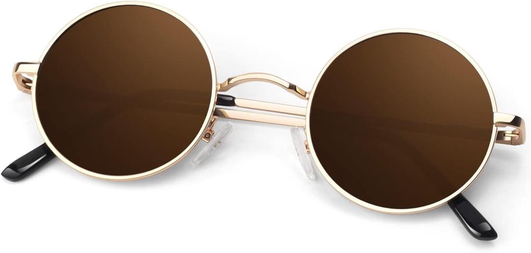 ANZIW Round Polarized Sunglasses Men Women,Retro Metal Hippie Shades with 100% UV Protection (A04- Golden Frame Brown Lens)