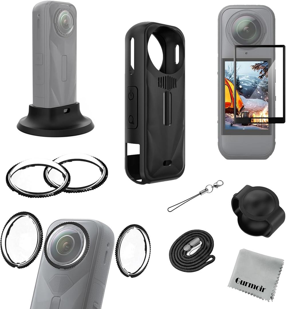 Gurmoir Accessories Kit for Insta360 X5 Camera, PC Lens Guard/Twist-Lock PC Lens Protector Cover+Silicone Protective Cover+Tempered Glass Film+Desktop Support Base Mount for Insta360 X5 Accessories