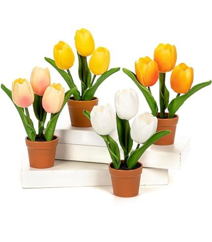Flair Flower Artificial Tulips in Pot Real Touch Flowers Spring Decoration Easter Decoration Tulip Tulip Bouquet Latex Artificial Tulip Single Flowers Artificial Flowers Flowers Table Decoration Stem 
