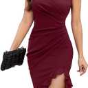 ihot Women's 2026 Sexy V Neck Sleeveless Ruched Bodycon Asymmetrical Ruffle Hem Cocktail Party Club Dress (Red, M)