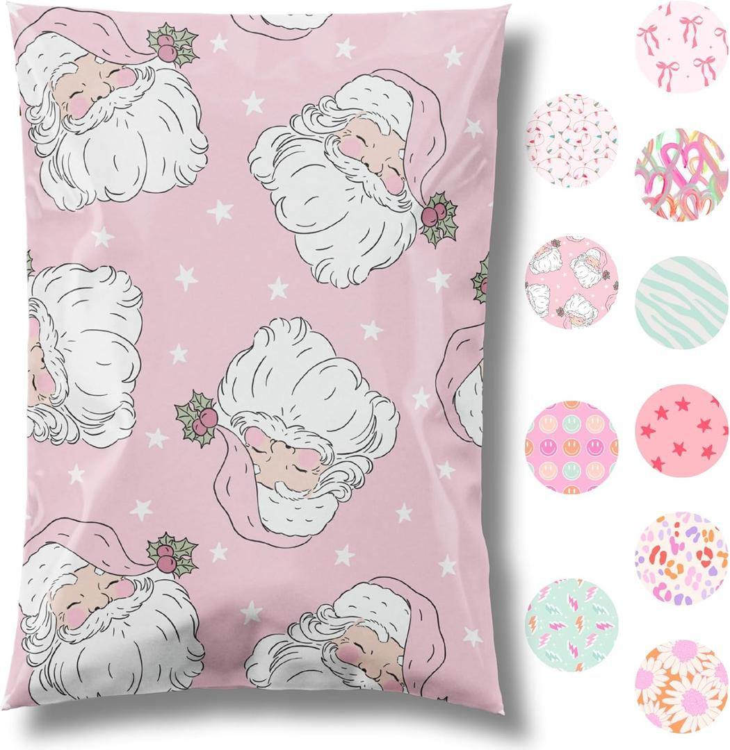 10x13 Designer Christmas Holiday Poly Mailer 100 Pack Heavy Duty Waterproof Self Seal Shipping Bags Large Mailing Envelopes Bulk Tear Resistant Cute Packaging Pink Santa