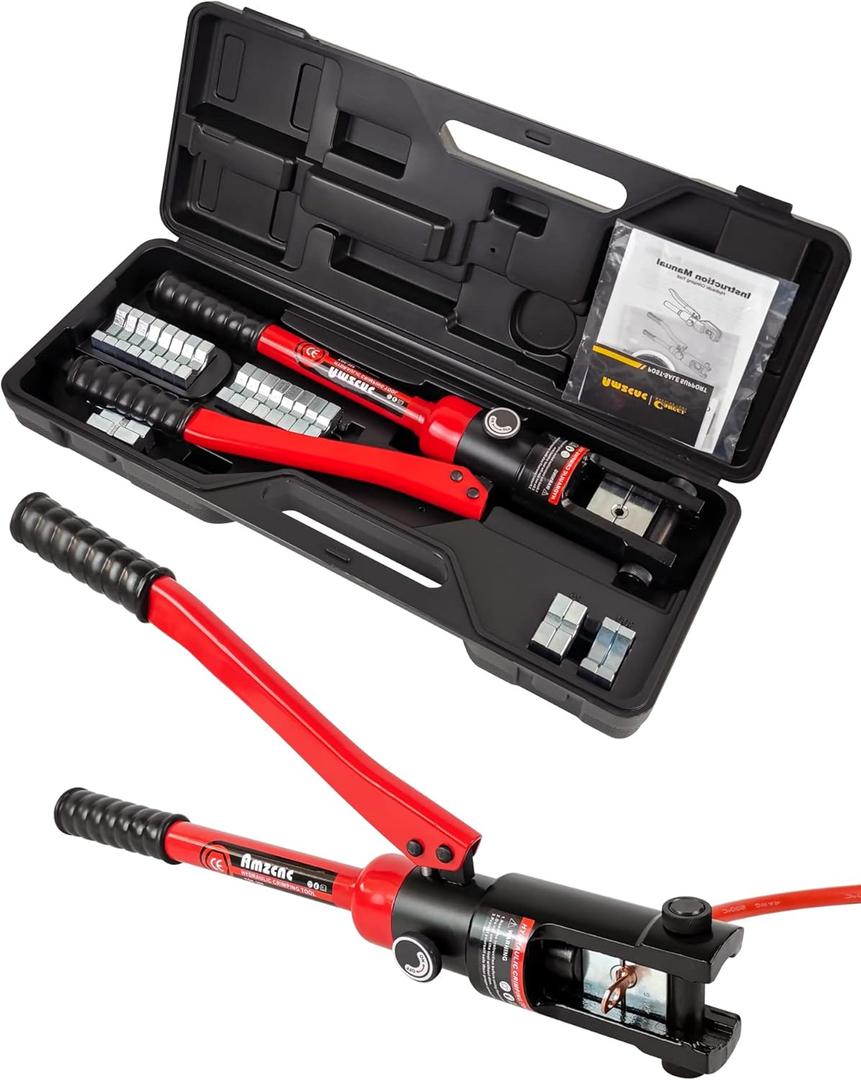 AMZCNC 16 Ton Hydraulic Wire Professional Hydraulic Battery Cable Lug Crimping Tool Set, Crimps 8 AWG to 600 MCM, Cable Crimping Tool with 13 Pairs of Dies