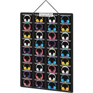 Classroom Headphone Storage Organizer with 36 Pocket over the Door Hanging Clear PVC Pockets Holder Side Chart Storage Bag with Digital Stickers for Library Cell Phones, Calculators
