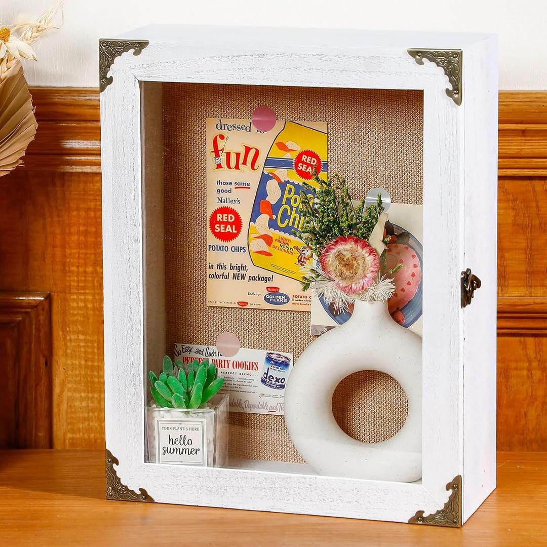 Cinnvoice 11x14 Inch Shadow Box Depth 4.7in Shadow Boxes Display Cases with Cork Board Backing Rustic Burnt Wood Box for Flowers Bouquet Wedding Picture Photo and Keepsake (White)