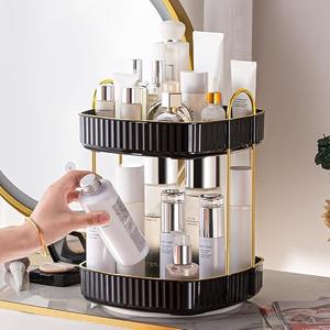 CESTATIVO 360° Rotating Makeup Organizer, Spinning Bathroom Organizer Countertop, Large Capacity Cosmetics Skincare Organizer for Bathroom Vanity Dresser Table (Black, 2 Tiers)