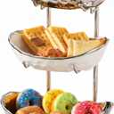 YYW 3 Tier Fruit Bowl for Kitchen Counter, White Gold Silver Ceramic Fruit Stand for Countertop, Home Fruit Rack with Metal Holder, Vegetable Snacks Nuts Bread Candy Storage (Silver)