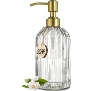 JASAI 18Oz Glass Soap Dispenser with Golden Pump for Kitchen,Refillable Liquid Hand soap Dispenser with Vertical Stripe, Clear Soap Dispenser Bathroom for Hand soap, Dish Soap, Lotion