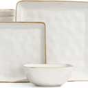 Famiware Dinnerware Sets for 8, Ocean Square 24-Piece Kitchen Plates and Bowls Sets, Microwave and Dishwasher Safe, Scratch Resistant, Vanilla White