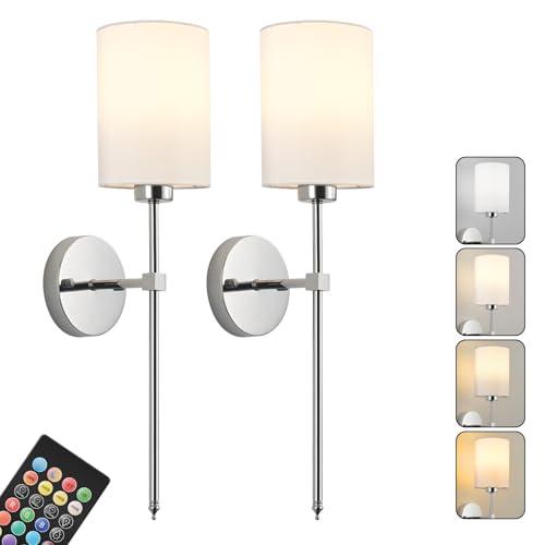 Battery Operated Wall Sconce Set of Two,Wireless Rechargeable Wall Light With Remote Control, Dimmable, 1800K/3000K/4000K/6000K/RGB, Timer, for Living Room, Bedroom, Fireplace, TV, 26.8 Inch, Chrome