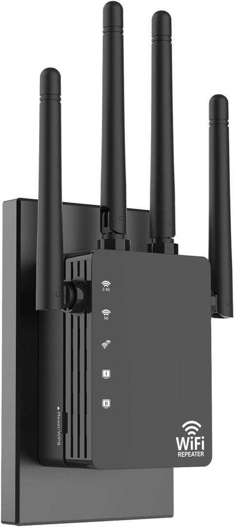 WiFi Extender with 4 Antennas 1200Mbps - Dual Band 5GHz/2.4GHz, WiFi Extender Signal Booster with 3 Modes Support, WiFi Repeater with 12880 Sq.ft 105 Devices, Easy Set Up for Home (Black-H1)