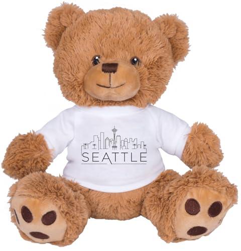 TeesAndTankYou Skyline Seattle Washington Bear: 8 Inch Brown Teddy Bear Stuffed Animal with White Shirt