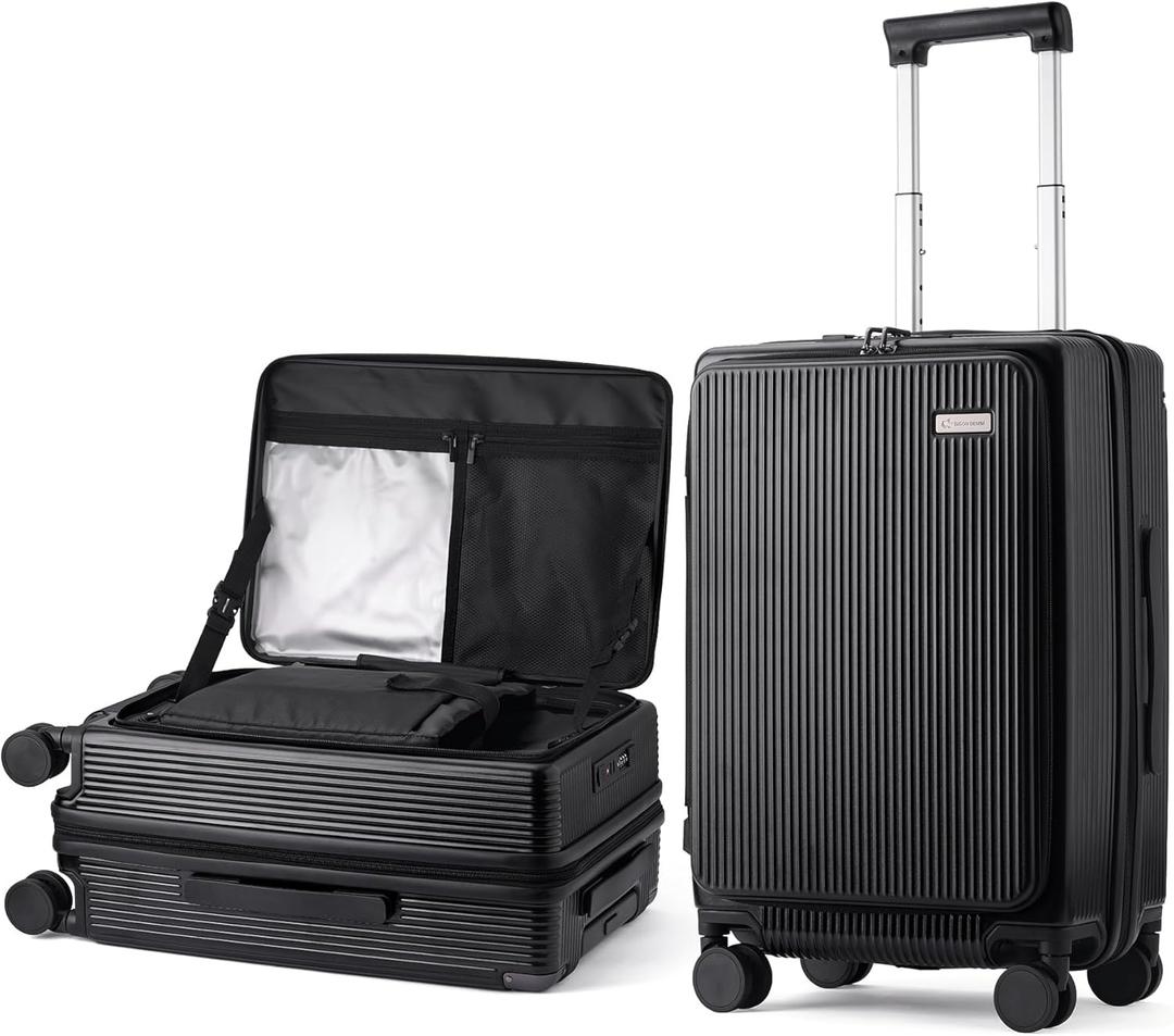BISON DENIM Carry On Luggage Expandable PC Hard Shell Suitcase with Spinner Wheels and Cup Holder, TSA-approved Lock and USB Port 20-Inch (Black)
