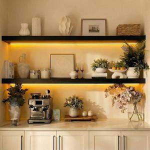 ROGMARS Black Floating Shelves for Wall with Led Light 36 Inches Long,Rustic Solid Wood Farmhouse Wall Shelves with Invisible Brackets for Bedroom, Living Room, Kitchen, Bathroom Set of 2