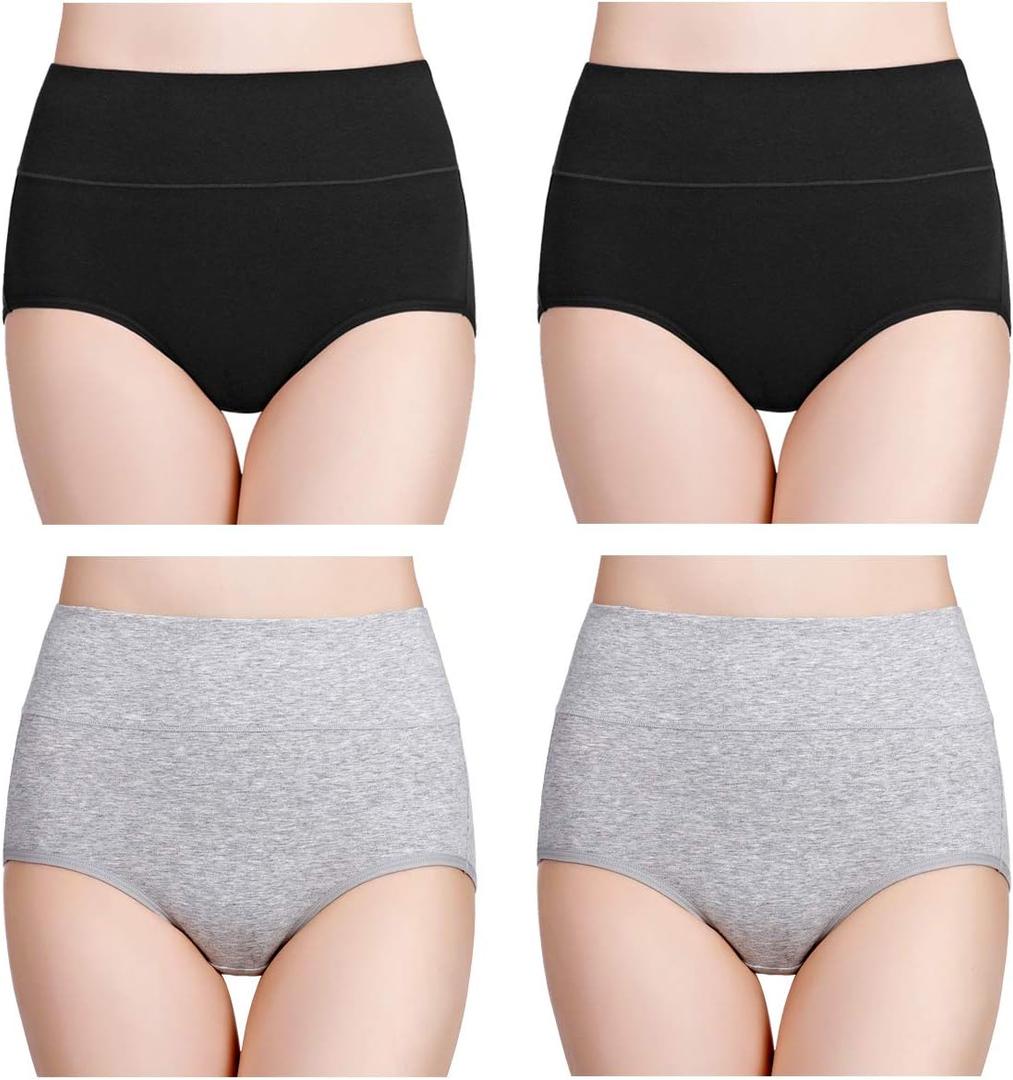 wirarpa Women's Cotton Underwear High Waisted Ladies Panties Full Coverage Briefs 4 Pack (Regular & Plus Size) (Large, Black/Heather Gray - Set 5)