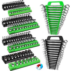 10-Piece Magnetic Socket and Wrench Organizer Set, 1/4", 3/8", 1/2" Drive Metric SAE Socket Organizer, Magnetic Wrench Holder 30 Slots Total, Tool Box Organizers (Sockets Wrenches not Included)