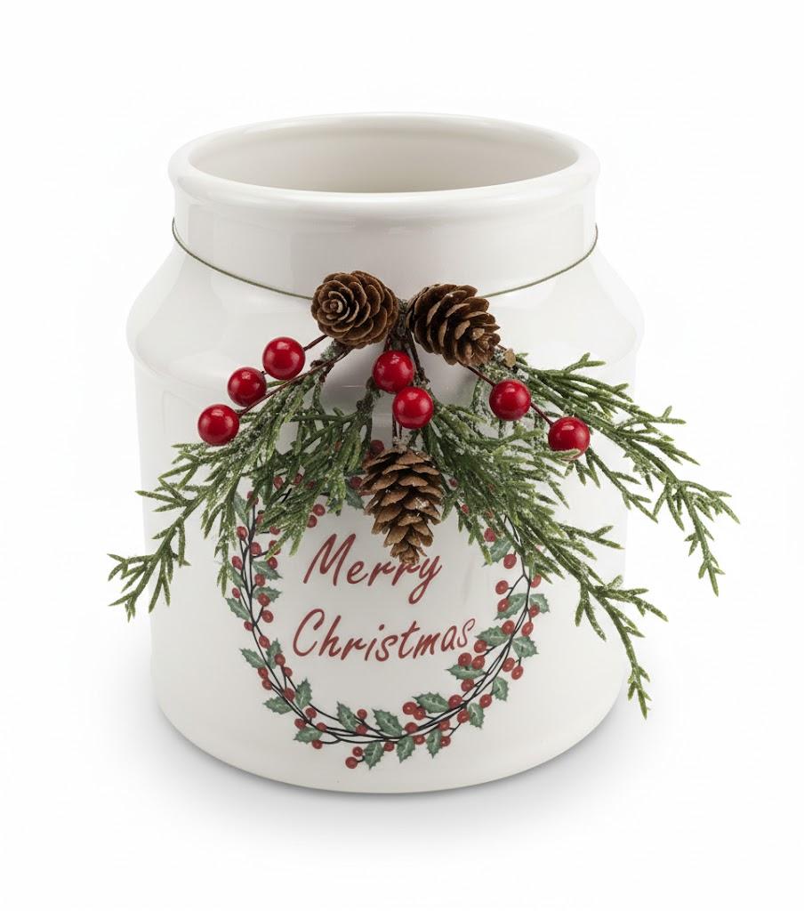 Jar Christmas decor Wortour Artificial Christmas 1-Piece Flocked with Xmas Decorations Ceramic White Bottles