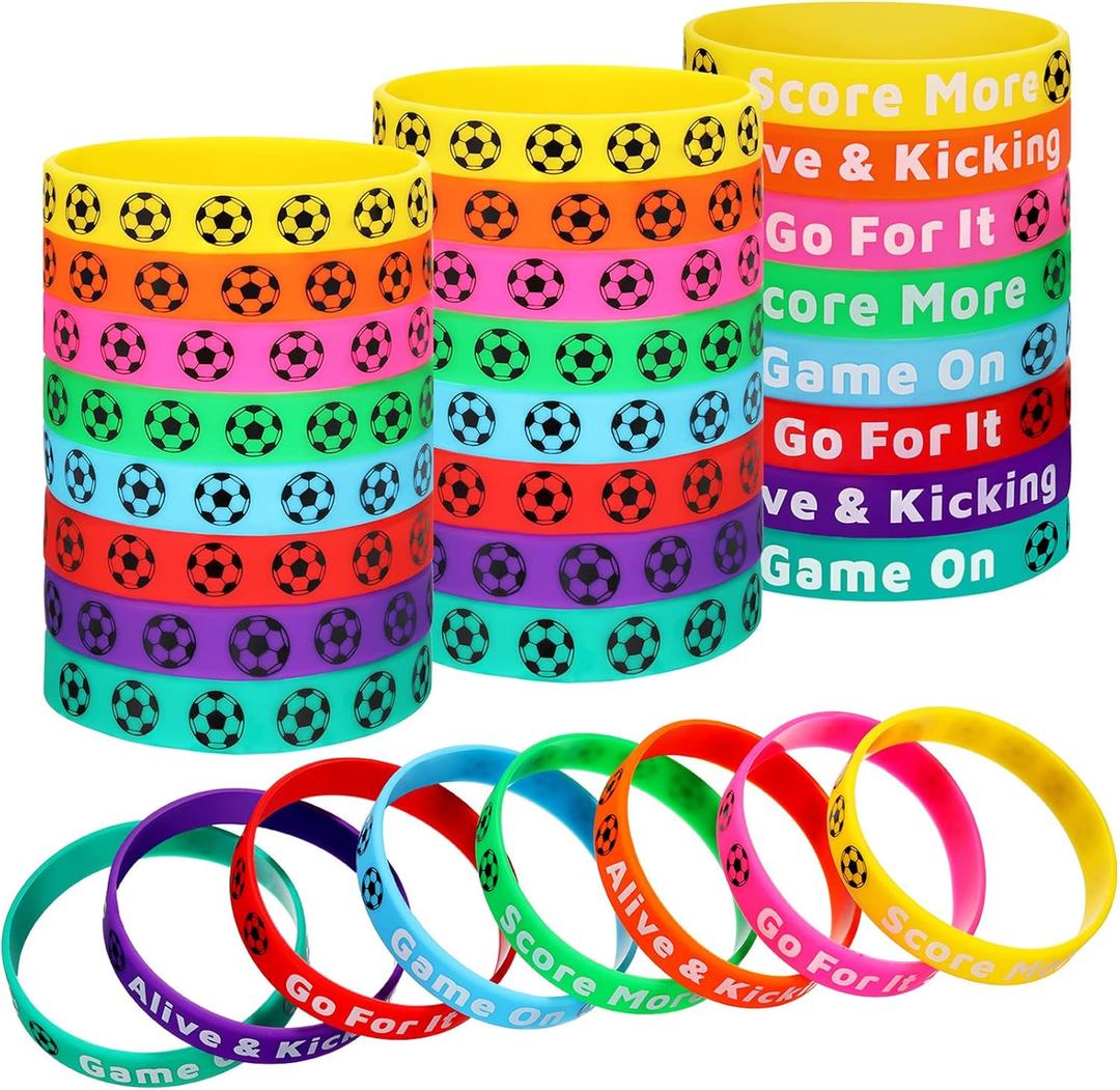 Civaner 48 Pcs Soccer Silicone Bracelets Soccer Motivational Wristband Multicolored Stretch Rubber Bracelets Soccer Party Favors for Sports Events Birthday Party Supplies