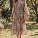 Seta T Women's Boho Floral Dresses A-Line Long Sleeve Chiffon Midi Dress (Orange, L)