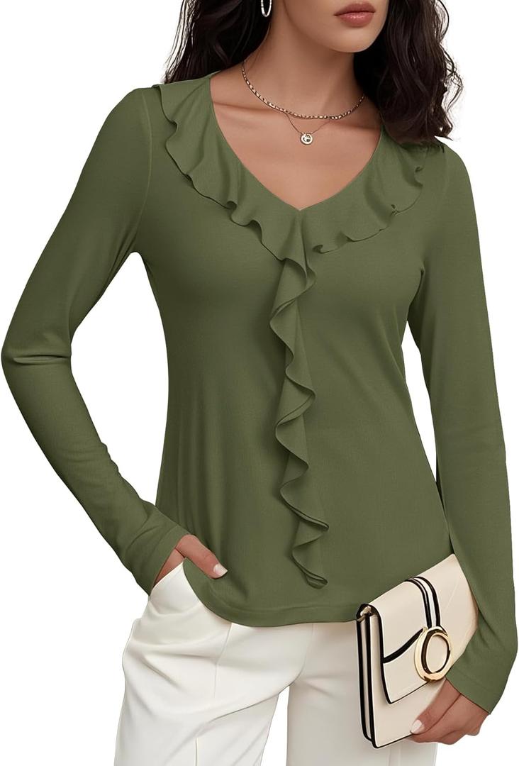 Meetrendi Women's Long Sleeve Shirts Dressy Casual V Neck Ruffle Knit Tunic Tops 2025 Fall Trendy Work Blouse (Army Green,Small)
