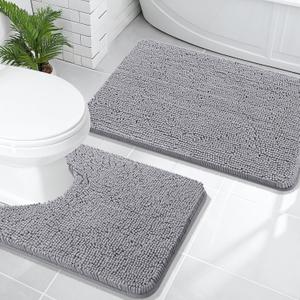 OLANLY Bathroom Rugs Sets 2 Piece, Soft Absorbent Chenille Bath Mats and U-Shaped Contour Toilet Mat Area Rug Set, Machine Washable Bath Carpet, Home Decor Accessories(30"x20"+24"x20", Grey)